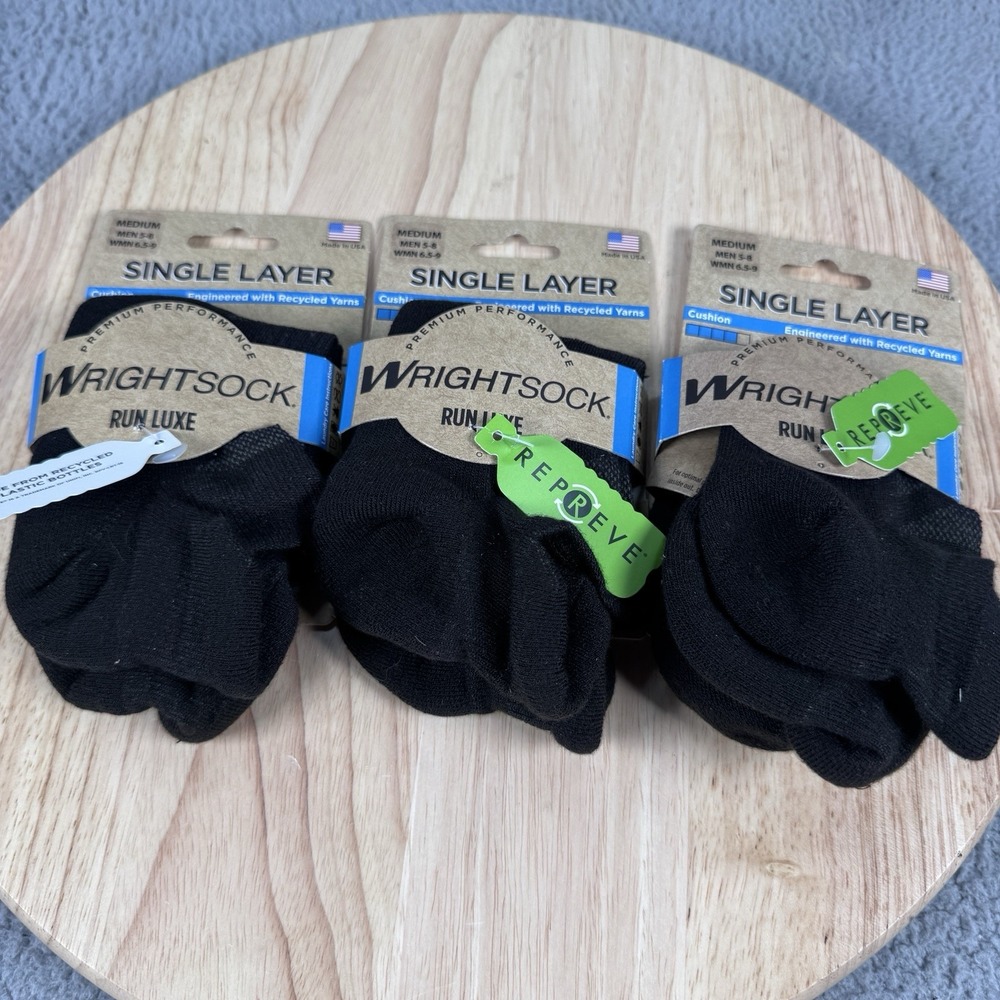 Wrightsock Run Luxe Medium Men 5-8 Women 6.5-9 Black Cushion Single Layer 3 Pair